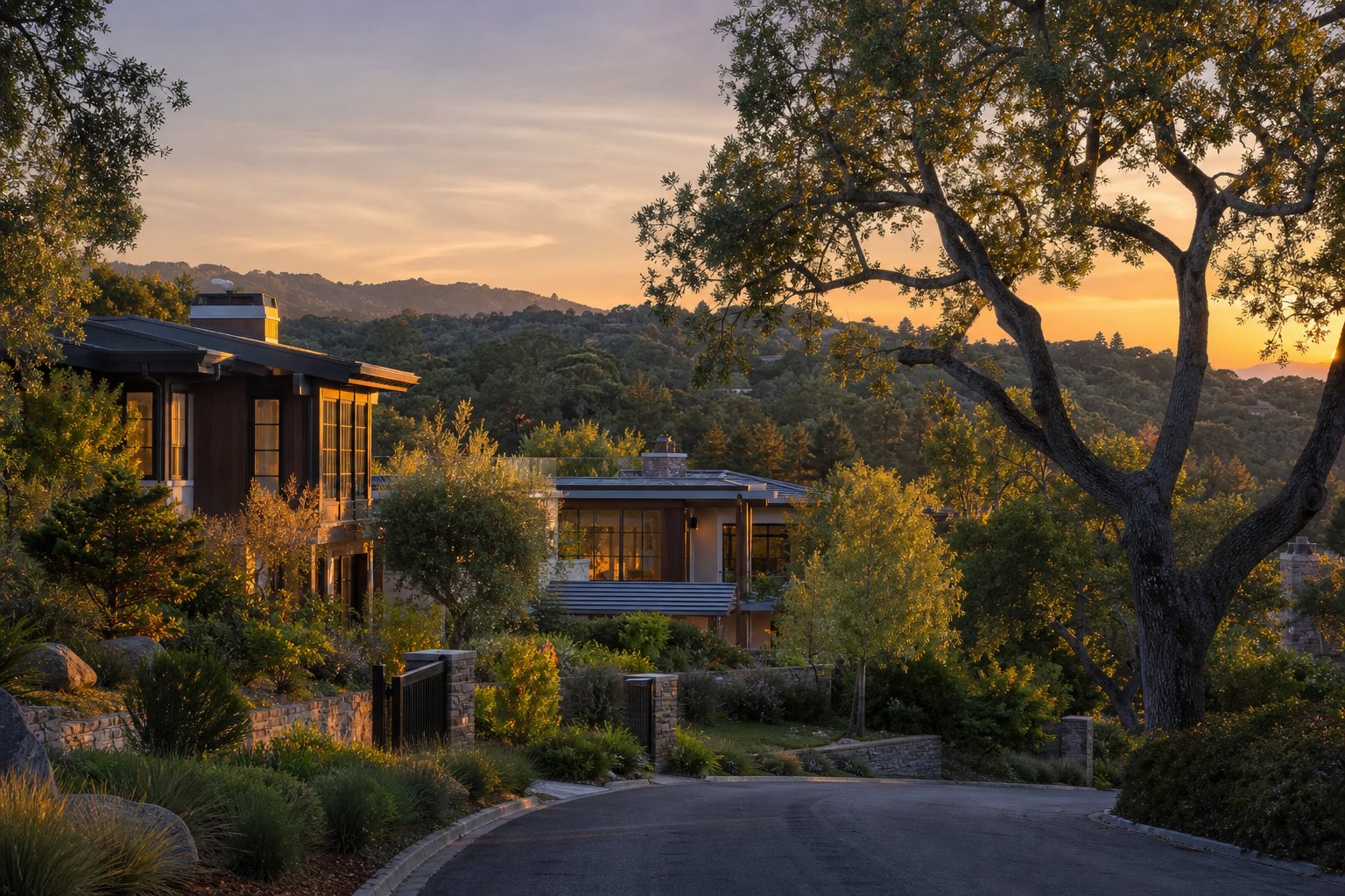 Concept image of an upscale Silicon Valley foothill street at golden hour